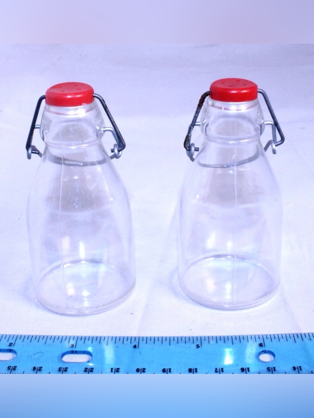 Vintage 1970s Plastic Milk Bottle Salt & Pepper Shakers Red Swing Top JSNY Style